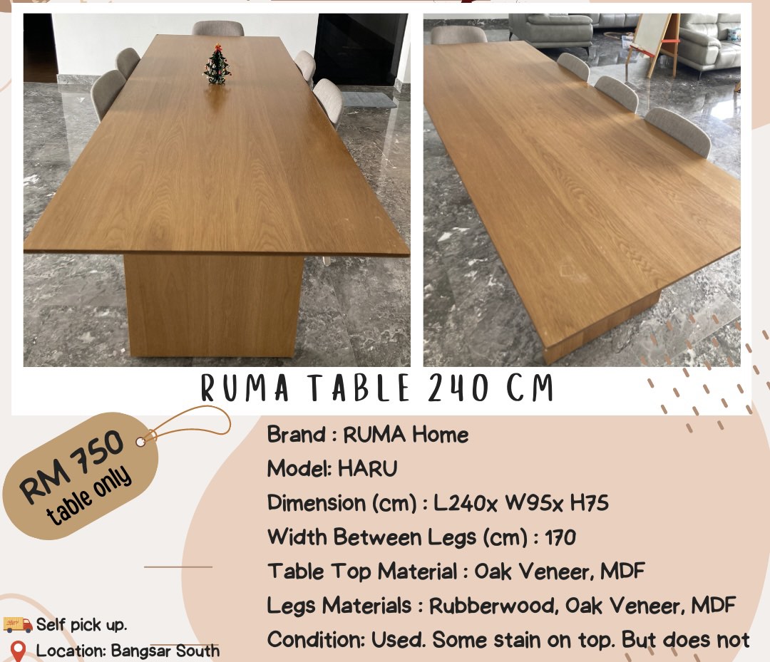 Ruma Home Dining Table 240cm, Furniture & Home Living, Furniture