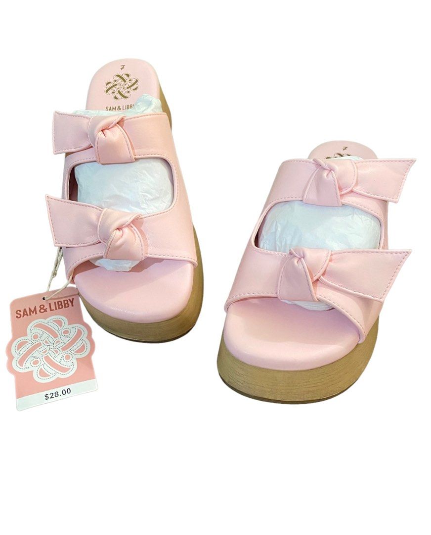 Sam Libby Platform Sandals Shoes Pink Double Bow Slip On