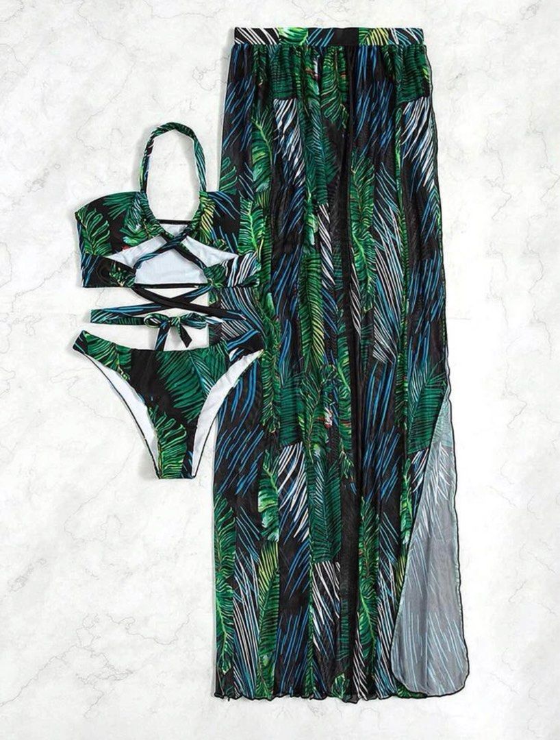 Lonkey Mesh Three Piece Swimsuit Women's Digital Printing Twist Bag Sun Protection Clothing main image 1