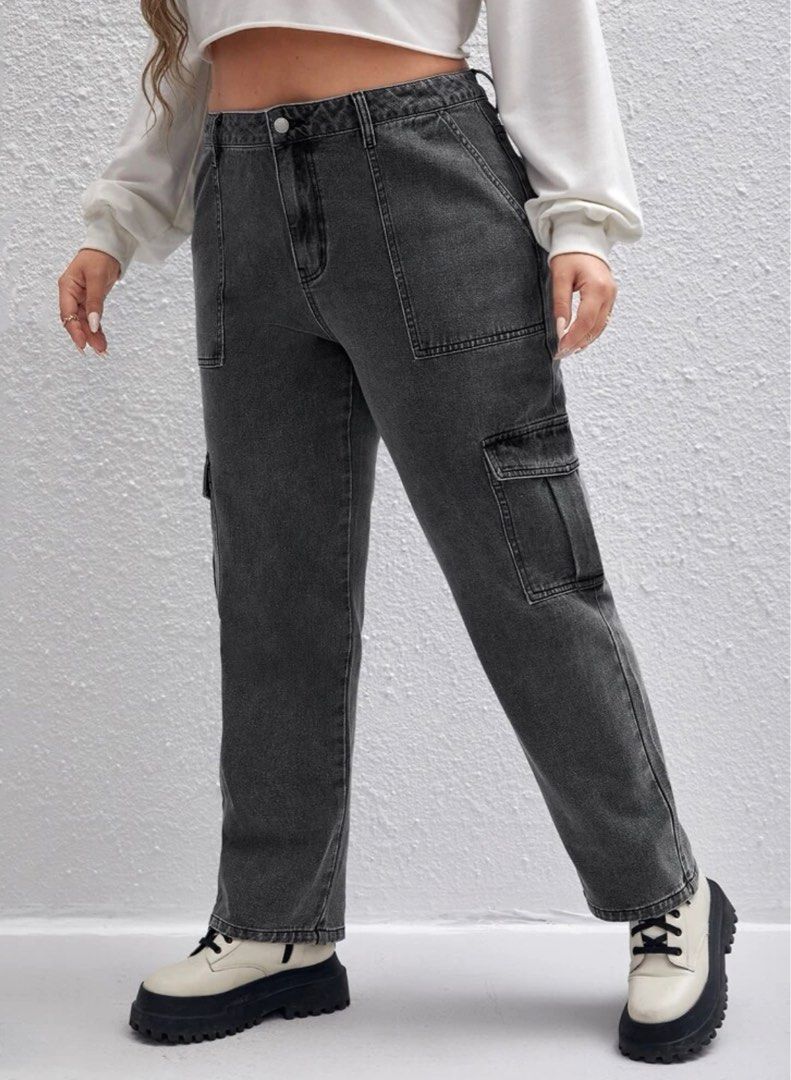 SHEIN SHEIN EZwear Summer Outfits Grey Flap Pocket Cargo Jeans | SHEIN