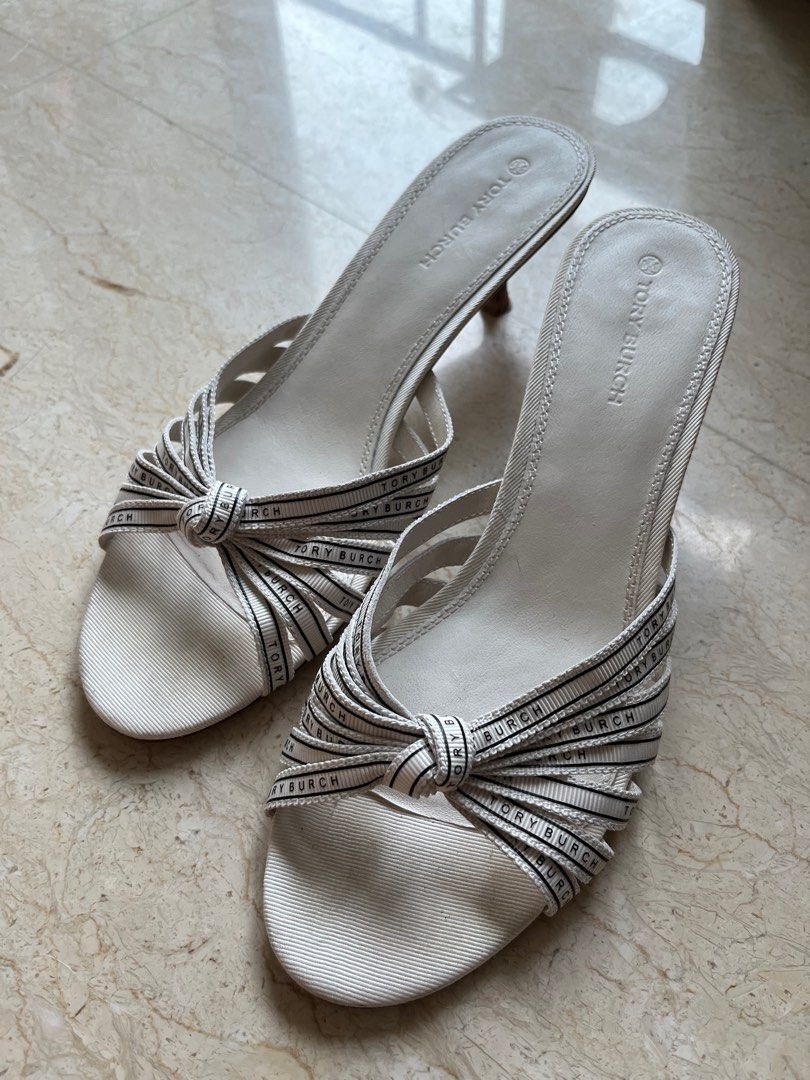 Tory Burch White Grosgrain Ribbon Strappy Sandals Kitten Heels US  EU  40, Women's Fashion, Footwear, Sandals on Carousell