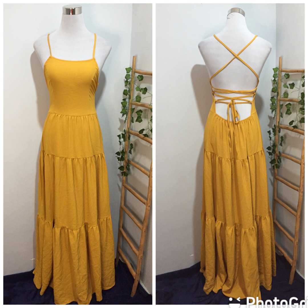 Yellow Mustard Sexy Backless Self Tie Maxi Dress Boho, Women's Fashion ...