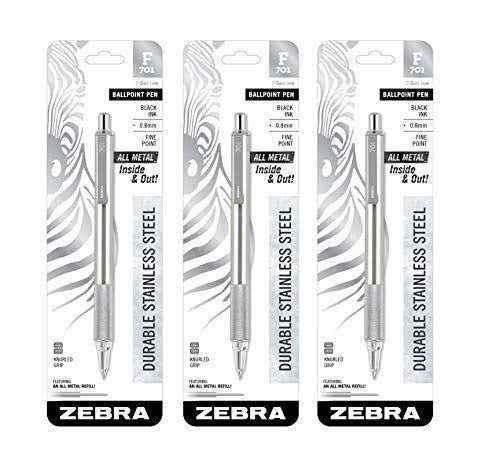 Zebra F-701 Metalen pen, Balpen Fine Point RVS, Gekartelde Grip, 0,8 mm zwarte inkt, Zebra F701 intrekbare zilveren metalen pen met 2 zwarte inkt vullingen in verpakking voor vrouwen en mannen