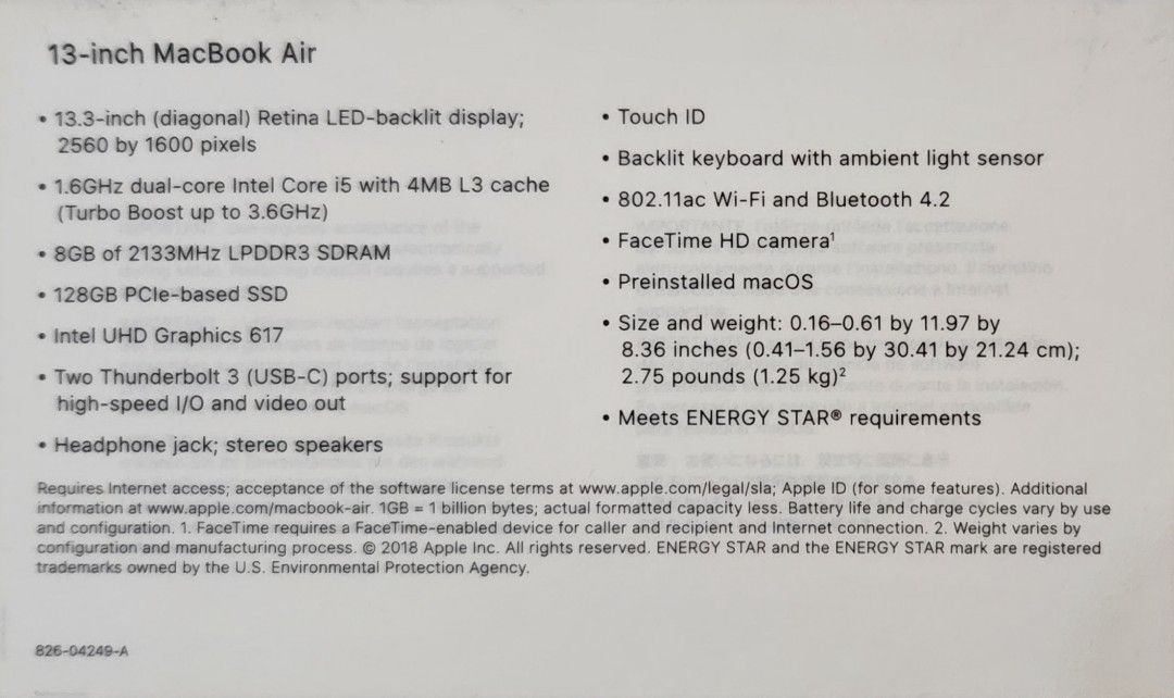 13in MacBook Air 2018 A1932 (Category: Laptops & Notebooks) located in Rizal. Submitted by banchum07 (Listing ID 1211396595, Image 1). Description: RFS: Bought a new one This unit is seldom used and is just used as a second office laptop. No history of repair. Bagay sa mga estudyante, advertisers, entrepreneurs na nangangailangan ng laptop. 13.3-inch (diagonal) Retina LED-backlit display; 2560 by 1600 pixels 1.6GHz dual-core Intel Core i5 with 4M