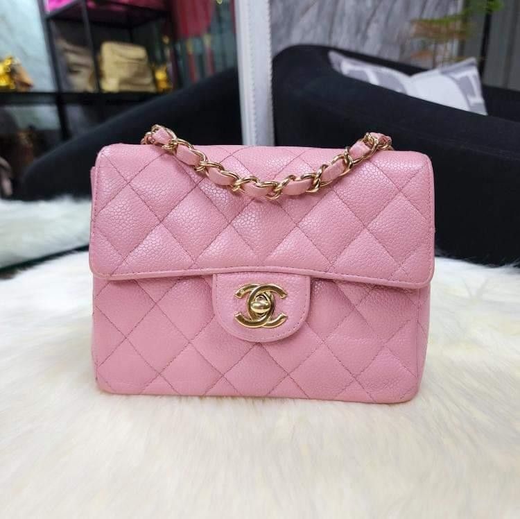AUTHENTIC CHANEL Caviar Sakura Pink SHW Mini Square Flap Bag
