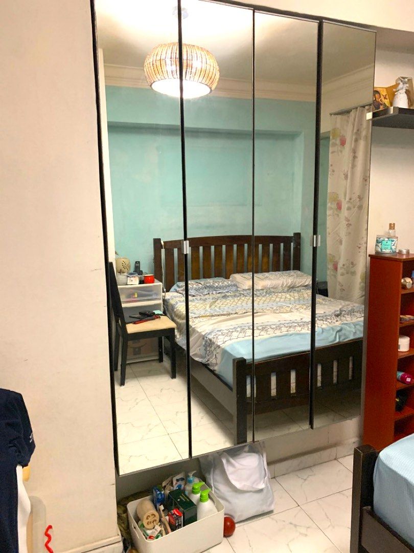 4 Ikea wooden cupboards with mirror doors, mounted on wall, Furniture