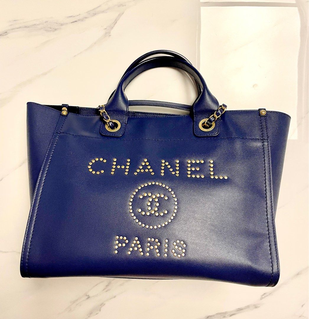 Chanel Deauville Studs Shopper Tote Navy Blue Caviar, Luxury, Bags &  Wallets on Carousell