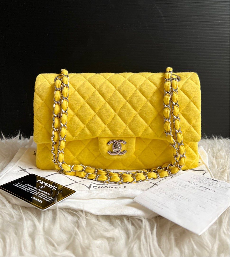 Chanel medium classic yellow jersey shw # 19 xx, Luxury, Bags & Wallets on  Carousell