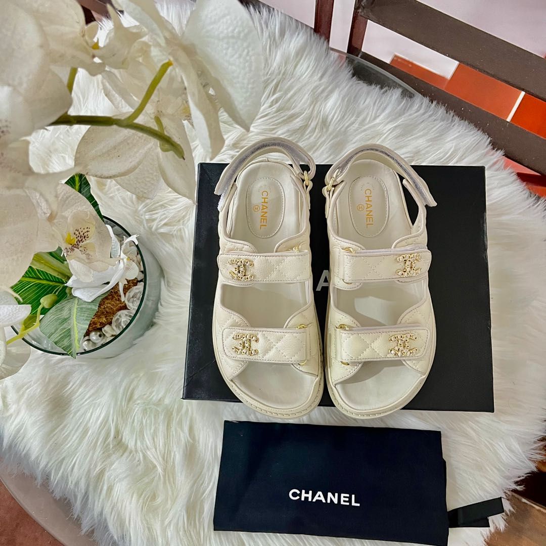 Chanel Sandals White, Women's Fashion, Footwear, Flats & Sandals on