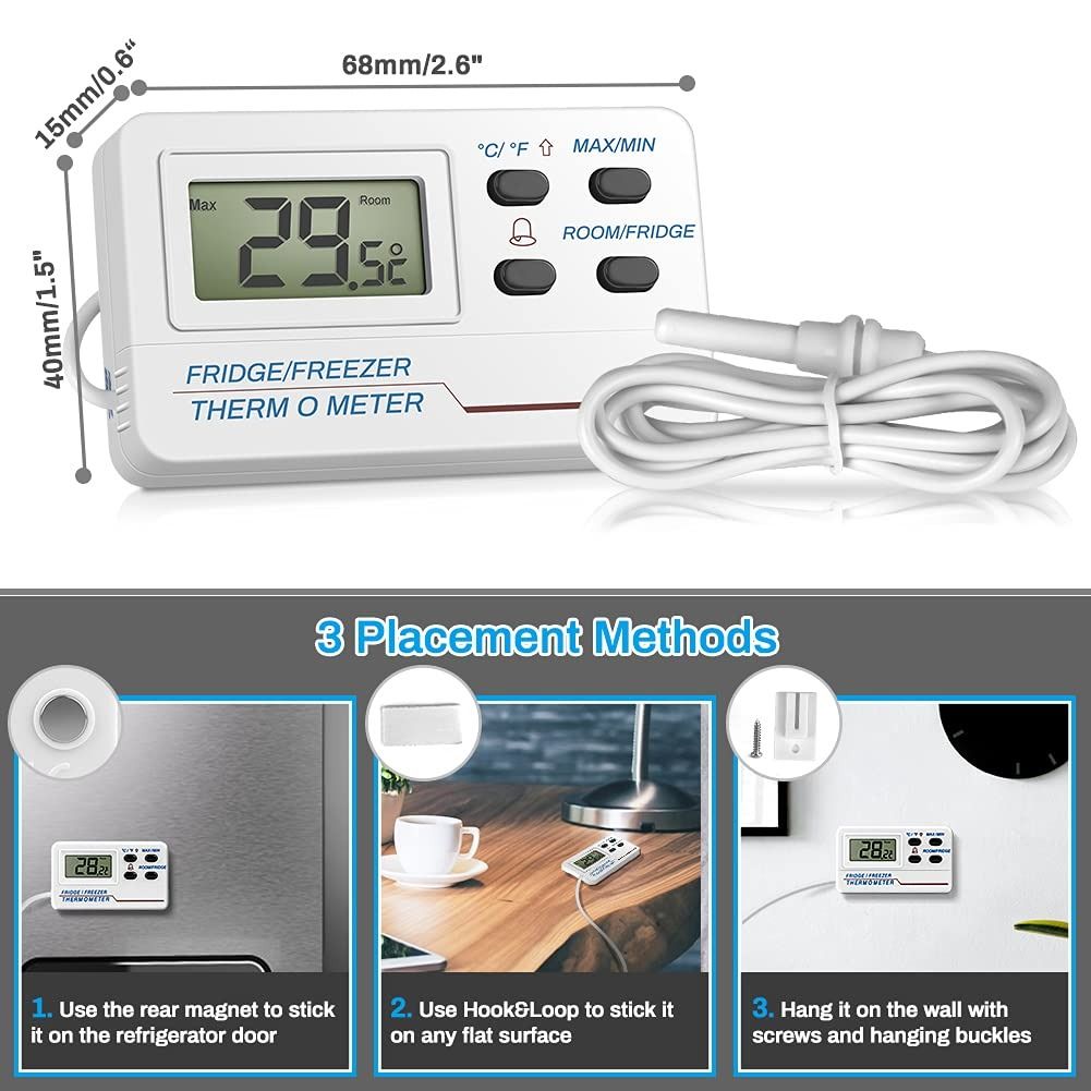 Fridge Thermometer Digital,freezer Thermometer With Probe, Freezer Alarm  With Max/min Memory For Home Kitchen Bars Cafes