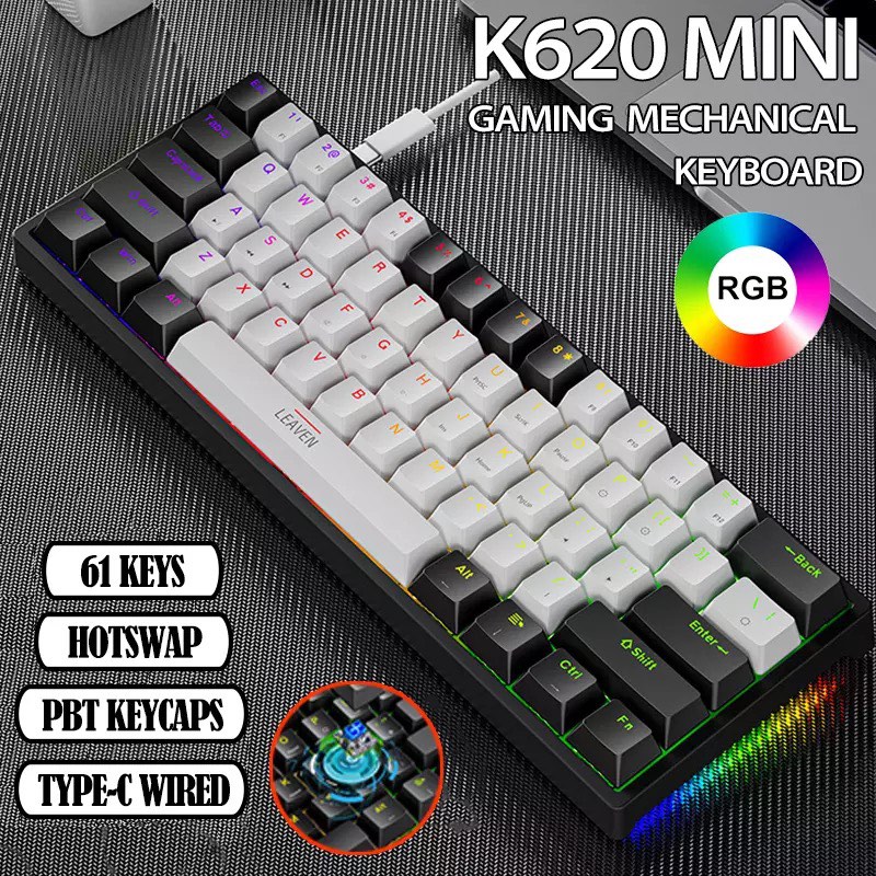 K620 Mini Gaming Mechanical Keyboard 61 Keys RGB Hotswap Type-C Wired Gaming Keyboard PBT ...