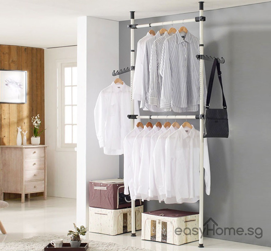 Korean Standing Pole Clothes Rack Adjustable Hanger Bar/ Drying Shelf