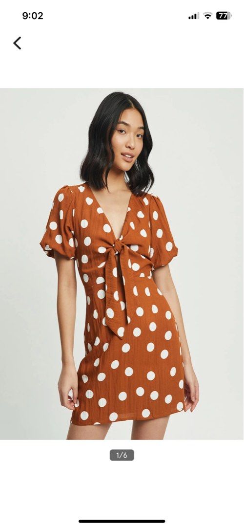 Lucky mini dress tan polka dots with self tie ribbon Women s