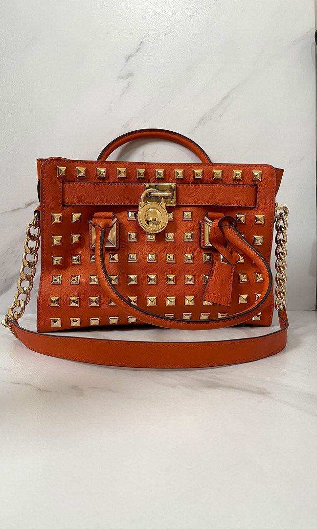 Michael Kors Orange Purse Hamilton Pyramid Studded Handbag Bag Wristlet  Leather
