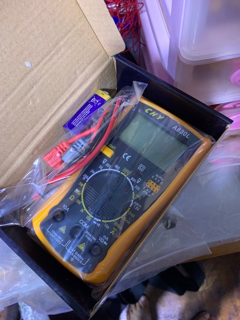 Multimeter (Category: Home Improvement Tools & Accessories) located in Singapore. Submitted by exodust (Listing ID 1139824556, Image 3). Description: Digital multimeter Max 600v Multi meter Check for voltage, resistance (current flow), Ampere. Able to work in the dark areas with green back light display. A voltmeter and more. Battery type: 9v block.