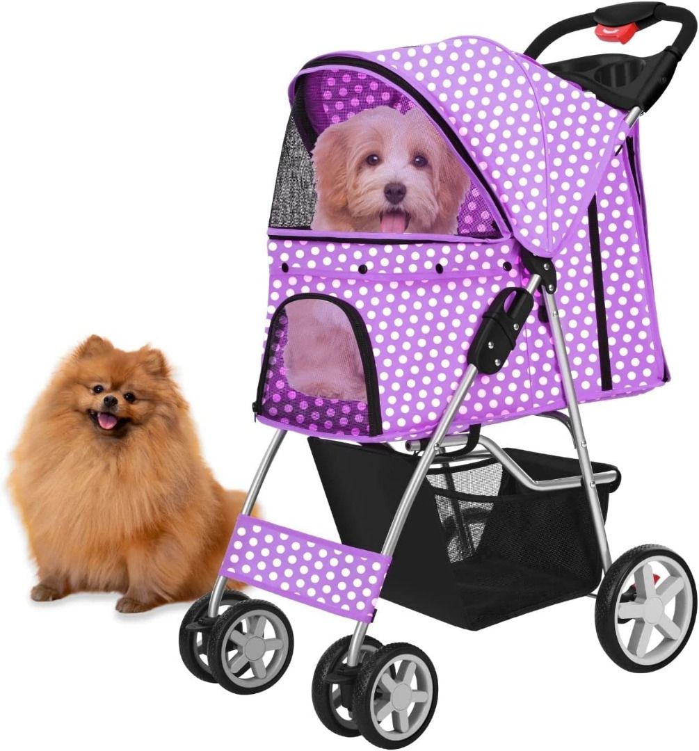 Pet Stroller Polka Dot Purple for Dog Cat Small Animals Carrier Cage Folding Flexible Easy to Carry with Sun Shade Cup Holder and Mesh Window