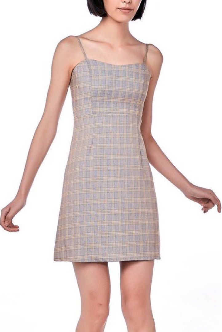 The Editors Market Elnina Fitted Dress Gingham Yellow Grey