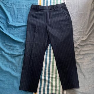 Uniqlo 深藍 條紋 直筒 九分 西裝褲