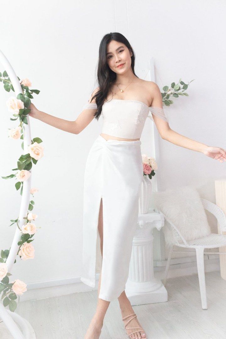 White satin twist front midi skirt top
