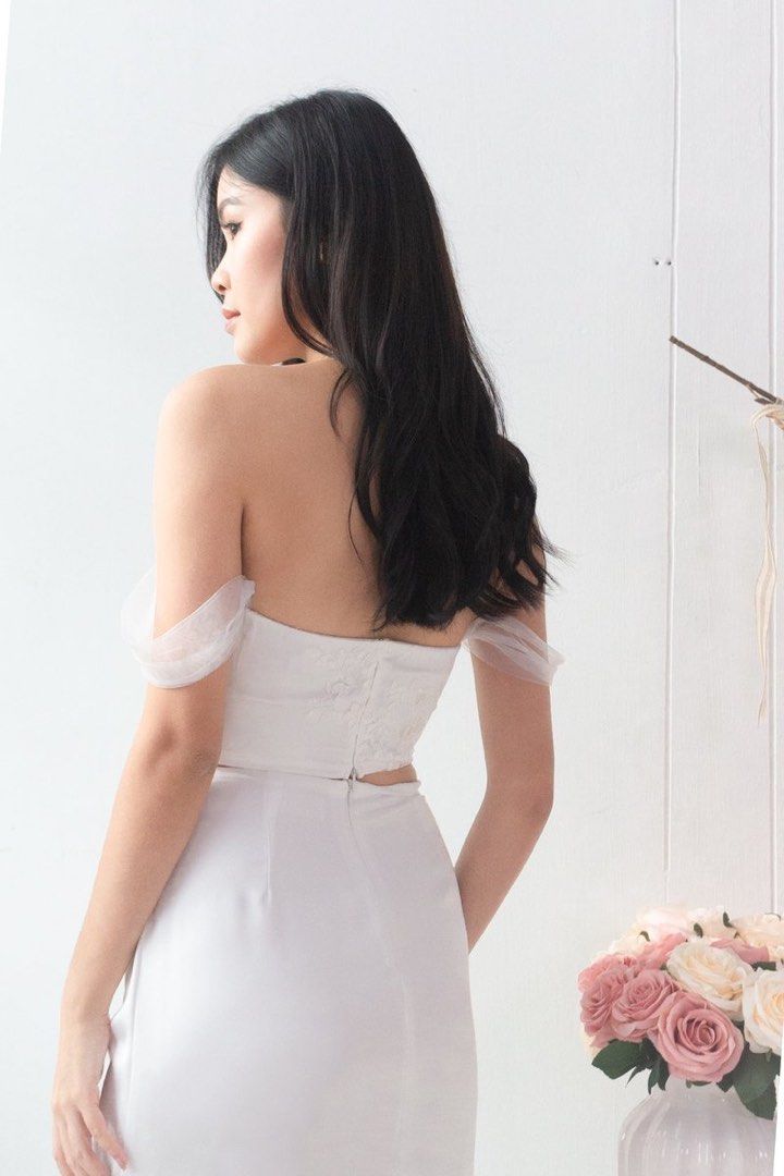 White satin twist front midi skirt top
