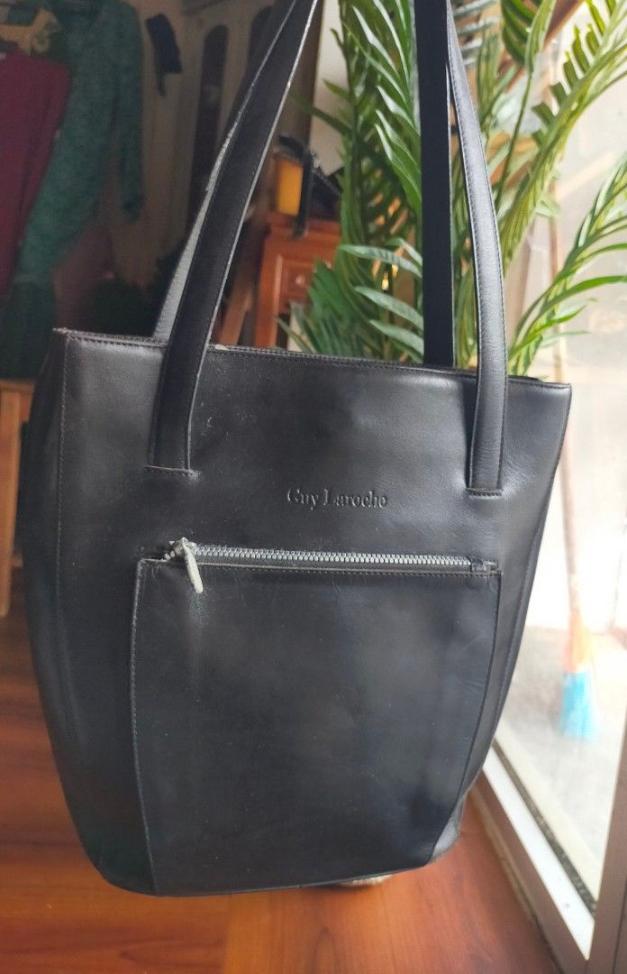 Vtg GUY LAROCHE Gray Coated Canvas Black Leather Zip Camera Bag Crossbody  Purse