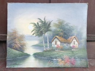 Vintage River Bahay Kubo Sunrise Painting