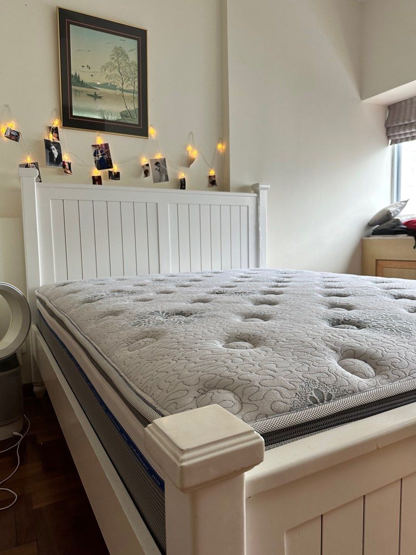 White bed frame for queen bed + mattress, Furniture & Home Living