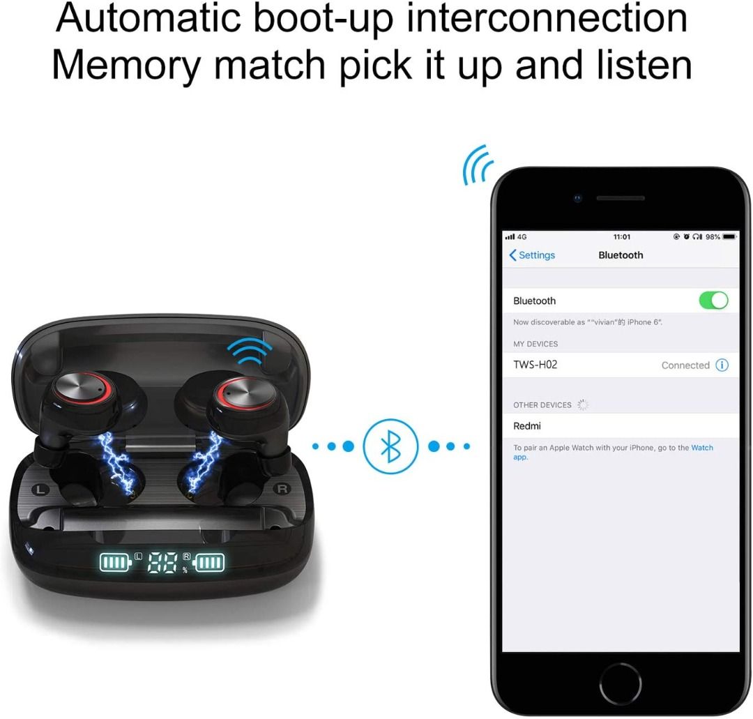 Xgody Wireless Earbuds 5.0 Bluetooth Earphone TWS in ear Stereo Headphone Deep Bass 60H Playtime with 2000mAh Charging Case IPX7 Waterproof Built in