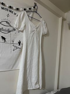白色短袖露背法式連衣裙連身裙長裙