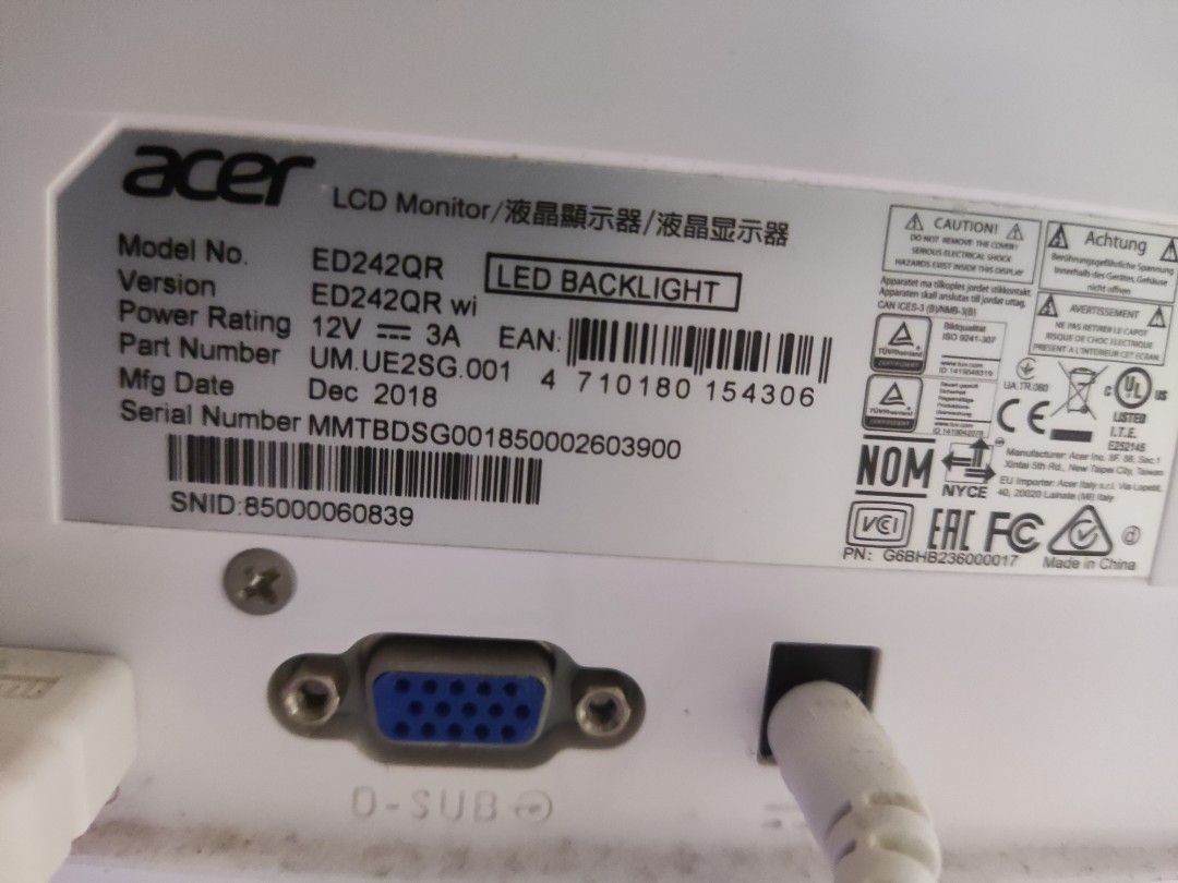 Acer ED242QR monitor, Computers & Tech, Parts & Accessories, Monitor ...