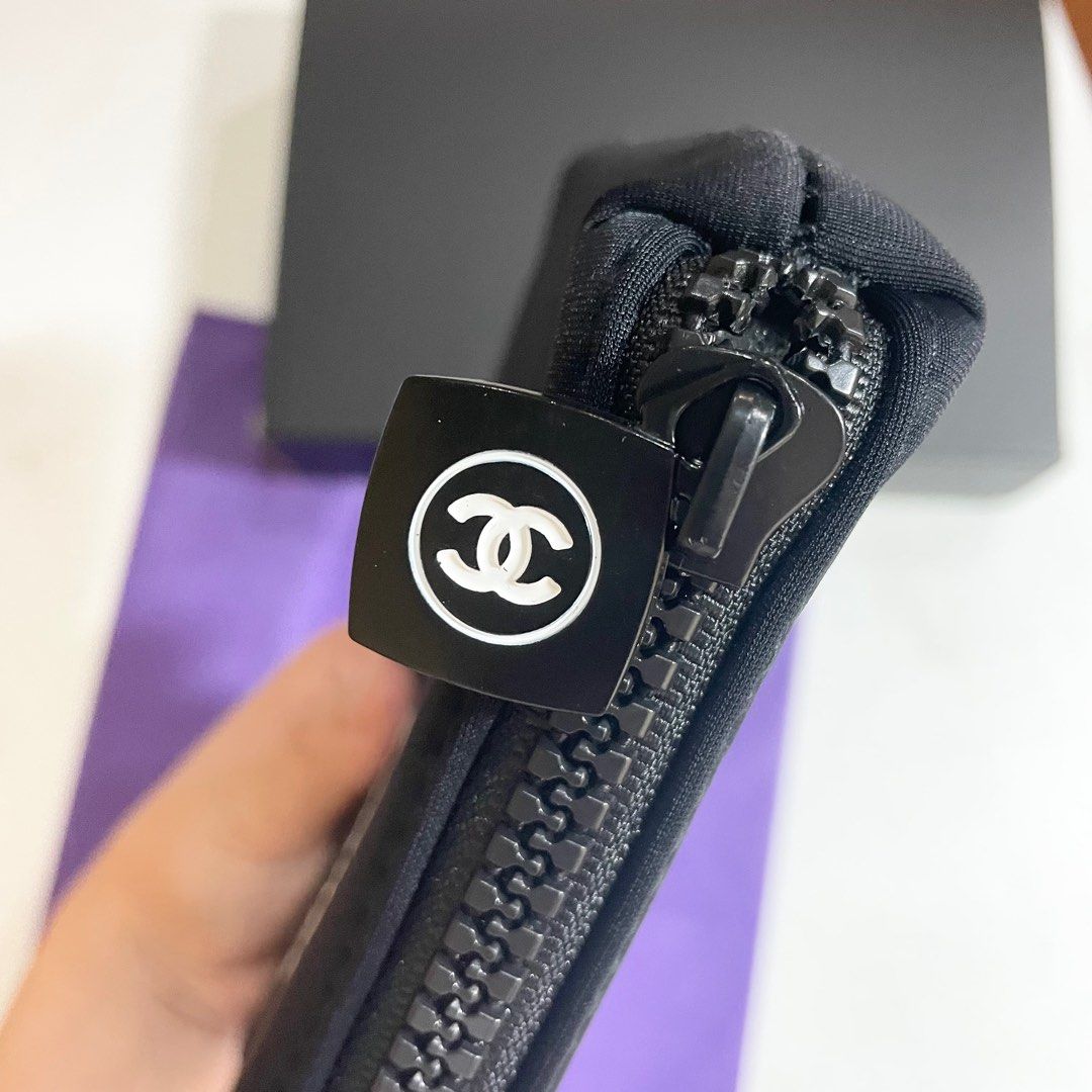 AUTHENTIC Chanel black neoprene makeup cosmetic bag pouch travel