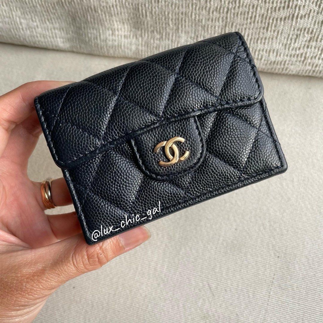 CHANEL 18S Pearly Blue Caviar Medium Trifold Wallet Light Gold