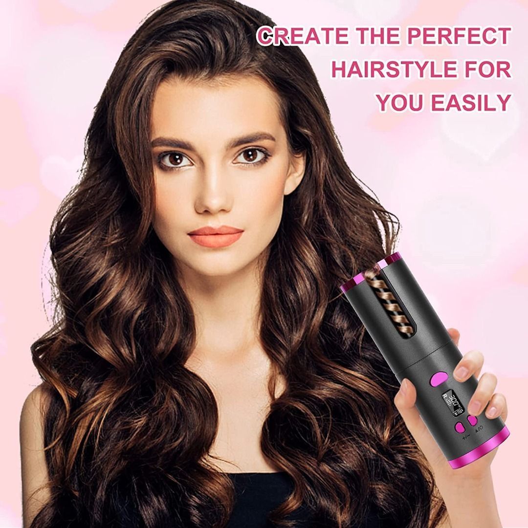 B1457] Automatic Hair Curler - Cordless Curling Iron with LCD Display &  Adjustable Temperature Setting, USB Rechargeable Professional Hair Curler  for Long & Short Hair Styling, Beauty & Personal Care, Hair on