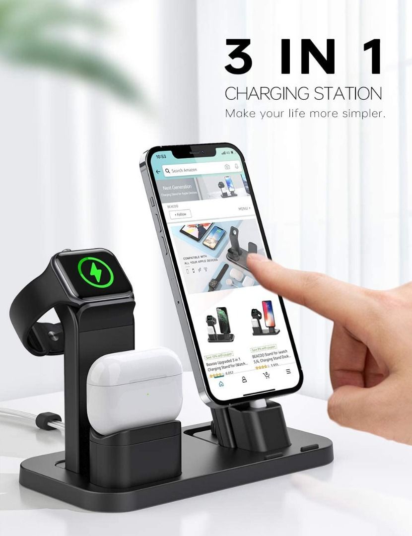 BEACOO Stand for iwatch 5 6 Charging Stand Dock Station for AirPods pro Stand Charging Docks Holder Support for iwatch 5 4 3 2 1 NightStand Mode and for iPhone Series 12 11 X 7 7plus SE 5s Mobile Phon...