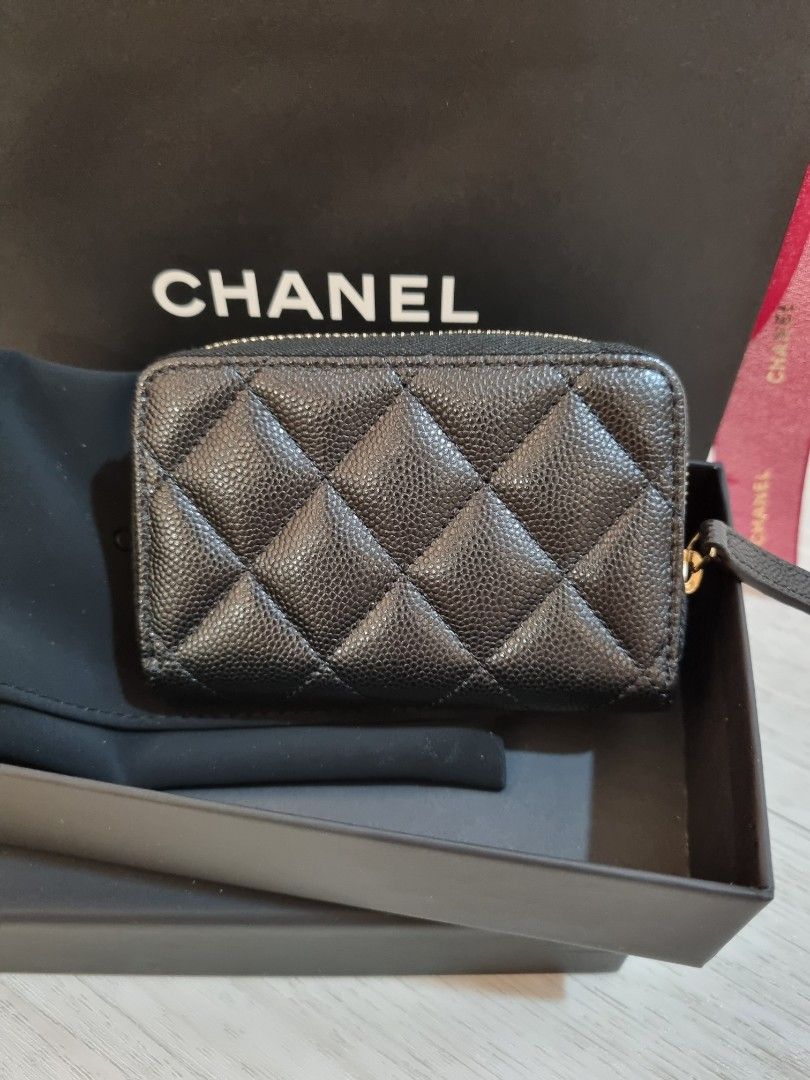 BNIB Chanel Small Zip Around Carviar Card Case Coin Purse Wallet