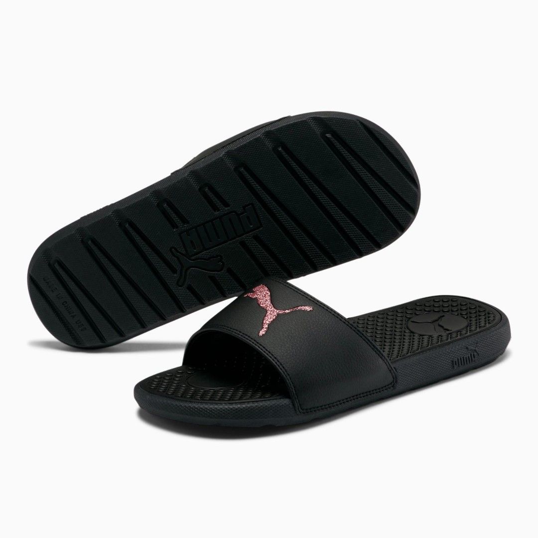 BNWT Puma slides black with pink glitter design