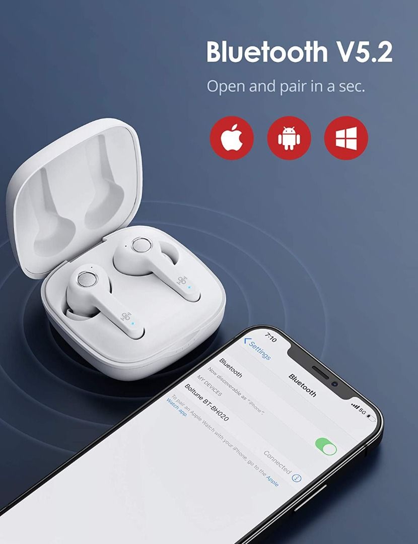 Boltune Bluetooth V5.2 in Ear Stereo Wireless Headphones USB C Quick Charge Bluetooth Earbuds IPX8 40Hours Play Time White