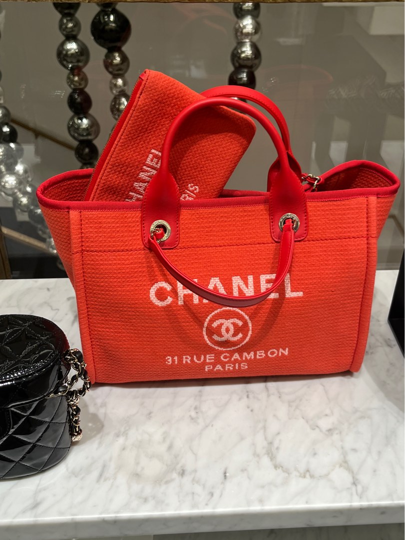 Chanel Deauville Small Shopping Tote in Red, Luxury, Bags