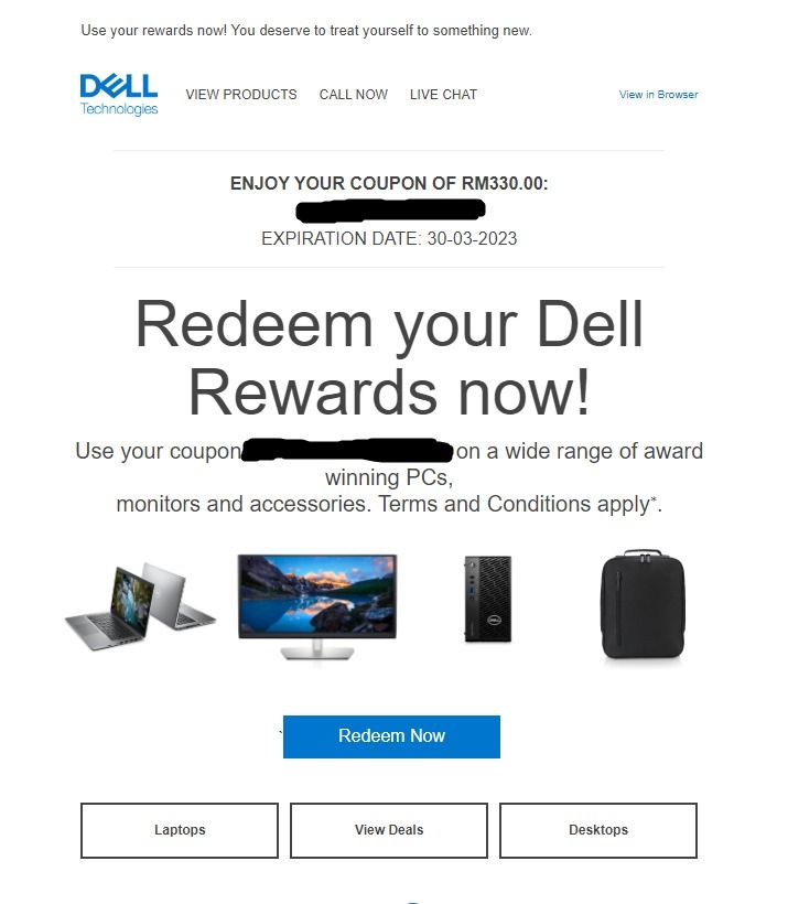 Dell Rewards Voucher Coupon Worth RM330, Minimum Spend RM990, Expiry  30/03/23, Tickets & Vouchers, Store Credits on Carousell