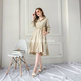 Dress Jessacollection Khaki color Helania Ribbon Dress TH350 COTTON
