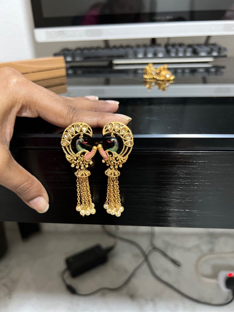 grand peacock gold mirror acrylic earrings — nummynims