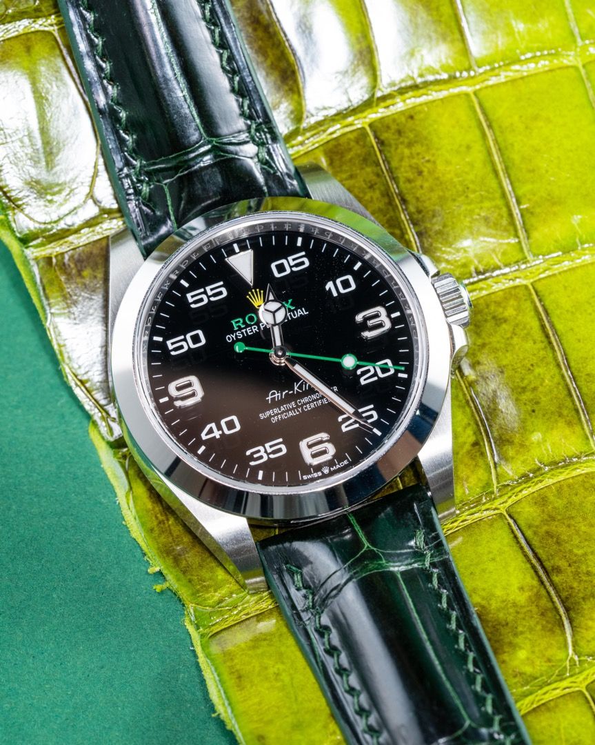 Handmade Hand stitched Watch Strap in Hunter Green Crocodile Leather For Client s Rolex Air King 126900 Watch