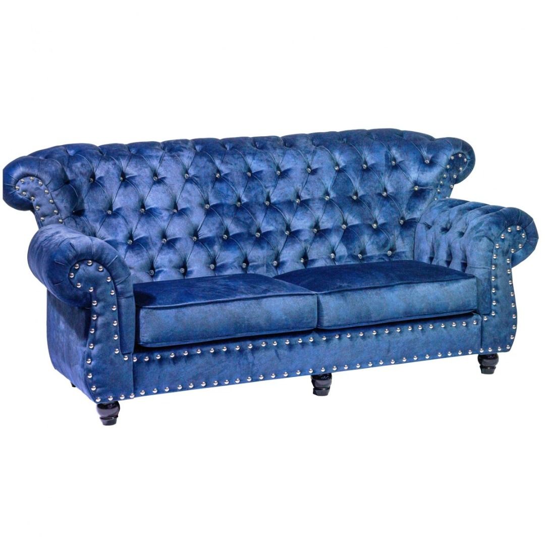 High Back Chesterfield 3 Seater Sofa In Blue Color, Furniture & Home