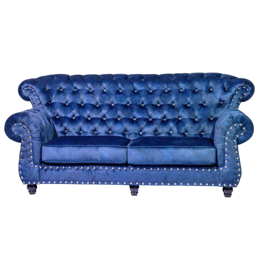 High Back Chesterfield 3 Seater Sofa In Blue Color, Furniture & Home