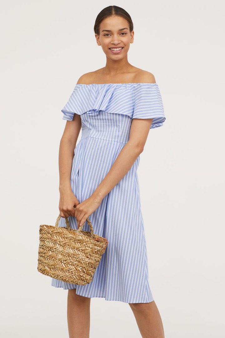 H M Striped Blue Off Shoulder Dress Women s Fashion Dresses