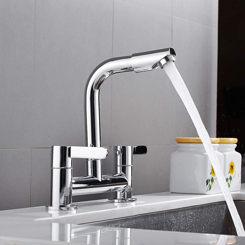 Kitchen Sink Mixer Taps 2 Hole Dual Lever Chrome Plated 360 Swivel Deck