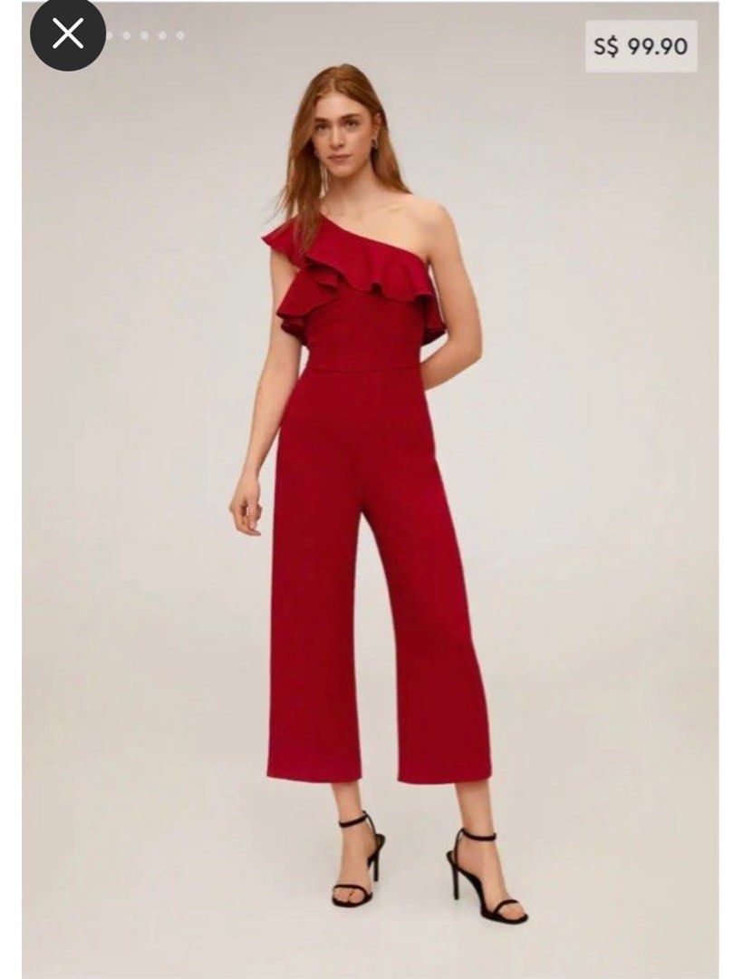 Mango Red Asymmetrical Jumpsuit with Frills Women s Fashion