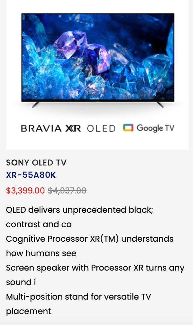 OLED TV SONY XR55A80K BRAVIA, TV & Home Appliances, TV & Entertainment