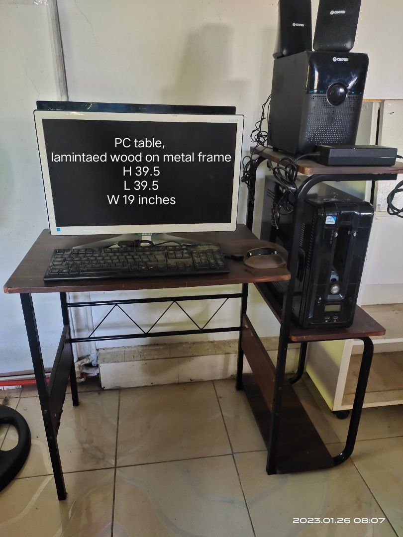 PC table/TV Console/convertible table (Category: Desktops) located in Las Pinas. Submitted by spedconnection (Listing ID 1211551253, Image 1). Description: 1. PC table - laminated wood on metal frame With FREE PC chair P1300 2. TV Console - varnished 3/4 plyboard with Caster wheels P1300 3. Convertible Study Table/Vanity Dresser white painted 3/4 plyboard with caster wheels with free PC chair P1500 4. PC TABLE white painted 3/4 plyboard on heavy 