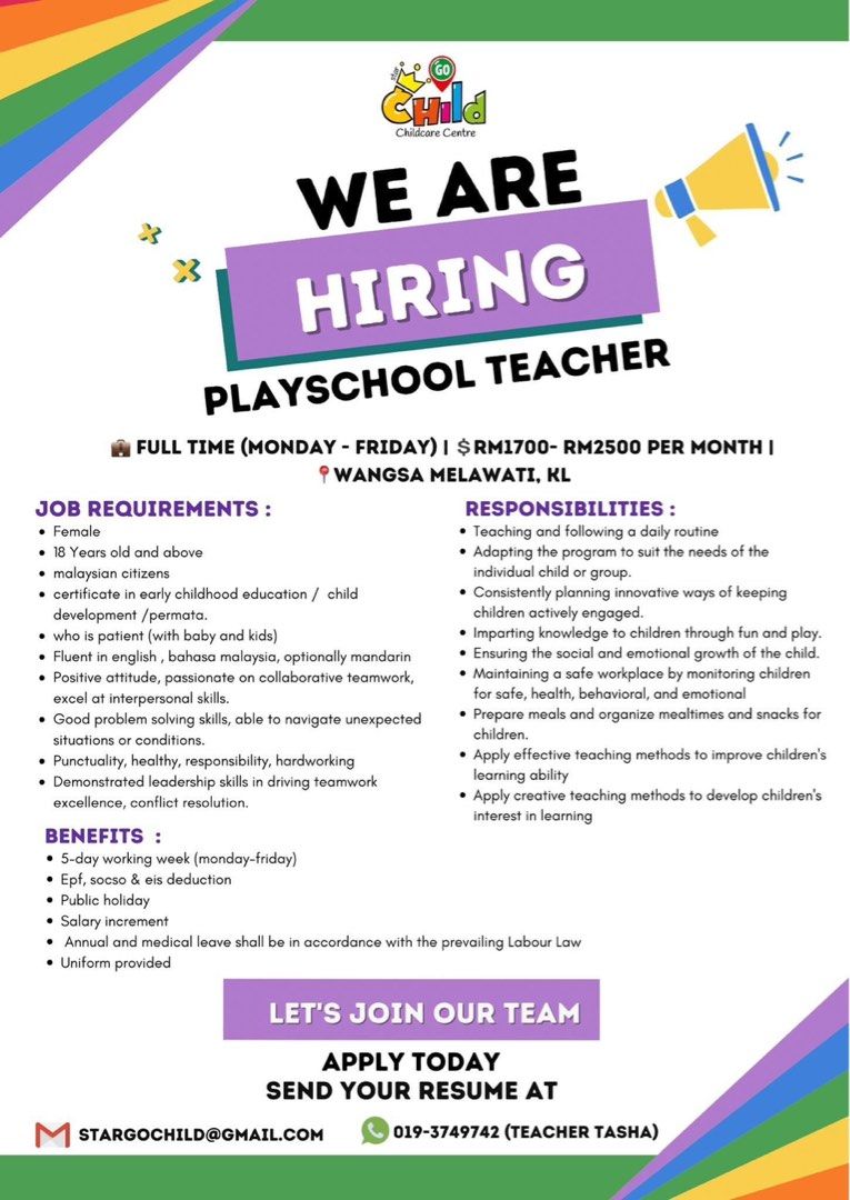 Playschool/kindergarten/taska teacher, Jobs, Fulltime, Others on Carousell